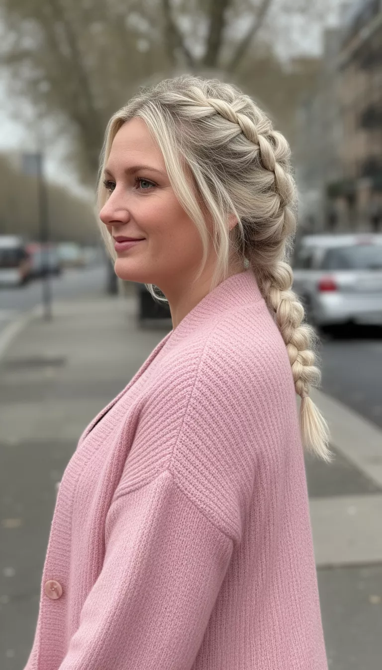casual photo of a 33-year-old woman wearing a soft pink cardigan with a vanilla blonde braided hairstyle, side view, shot with an iPhone 15 Pro Max