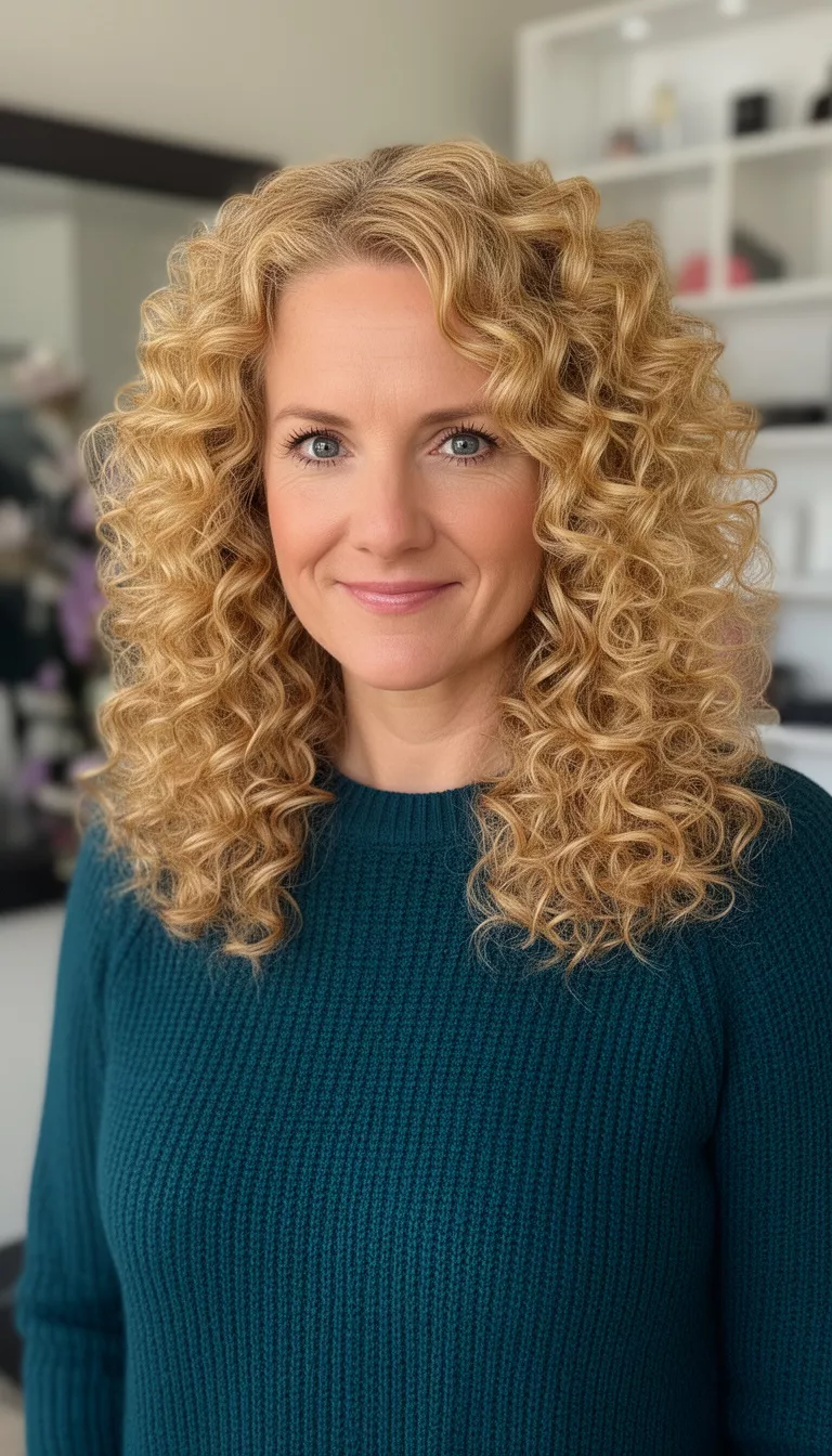 casual photo of a 37-year-old woman wearing a dark teal sweater with a dimensional golden blonde voluminous curls hairstyle, shot with an iPhone 15 Pro Max