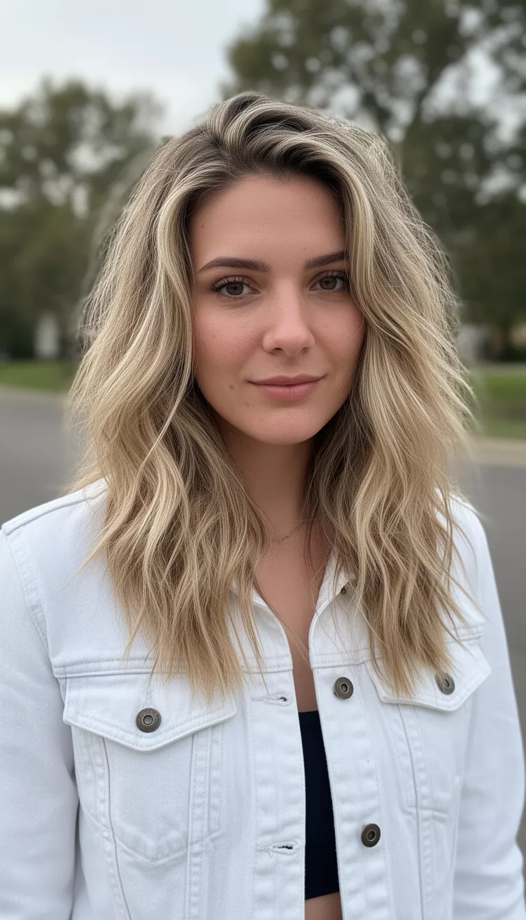 casual photo of a 26-year-old woman wearing a white denim jacket with a sandy blonde with highlights air dried textured mane, shot with an iPhone 15 Pro Max