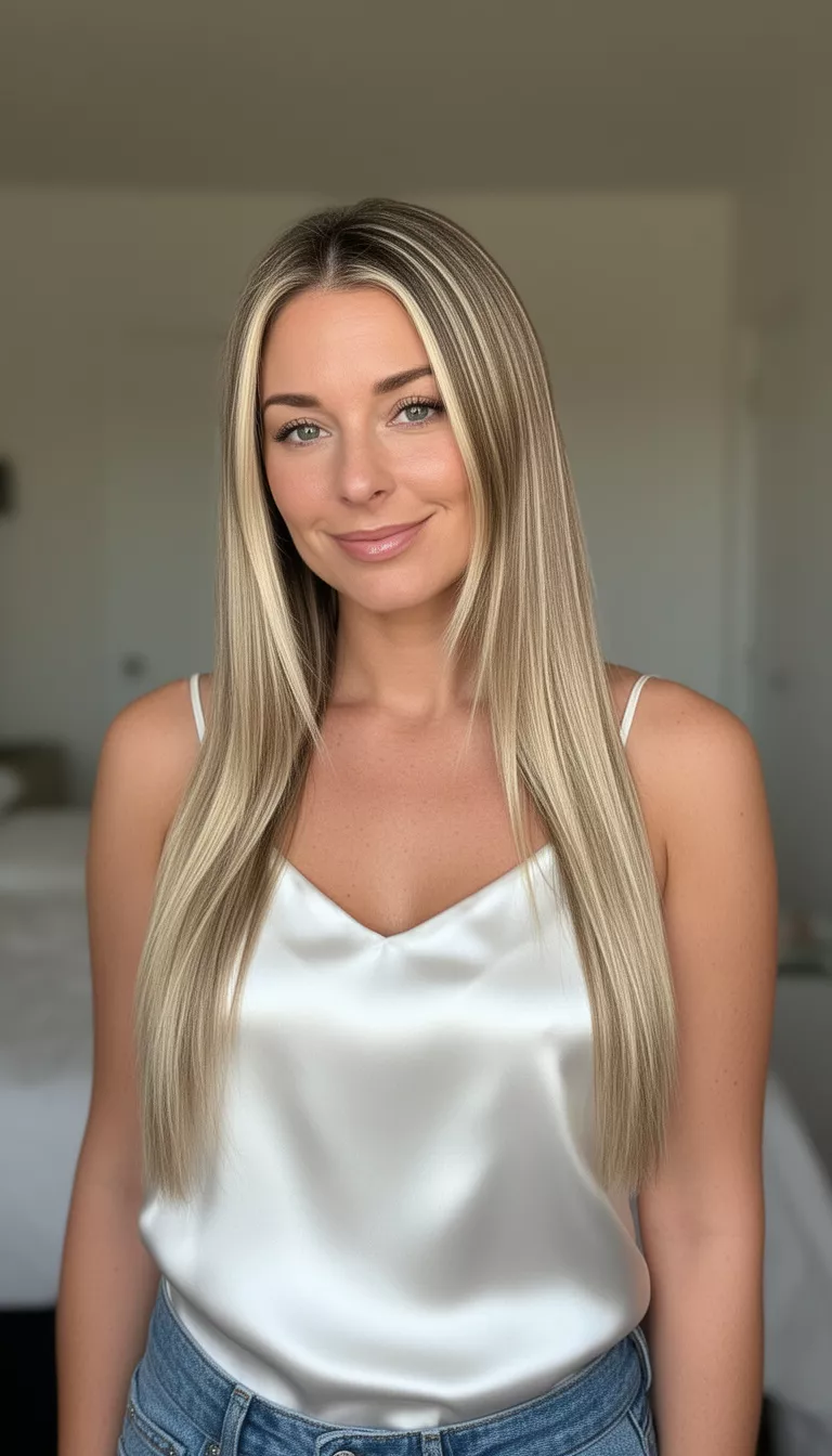 casual photo of a 31-year-old woman wearing a white silk camisole with a dimensional blonde with face-framing highlights long straight hair, shot with an iPhone 15 Pro Max