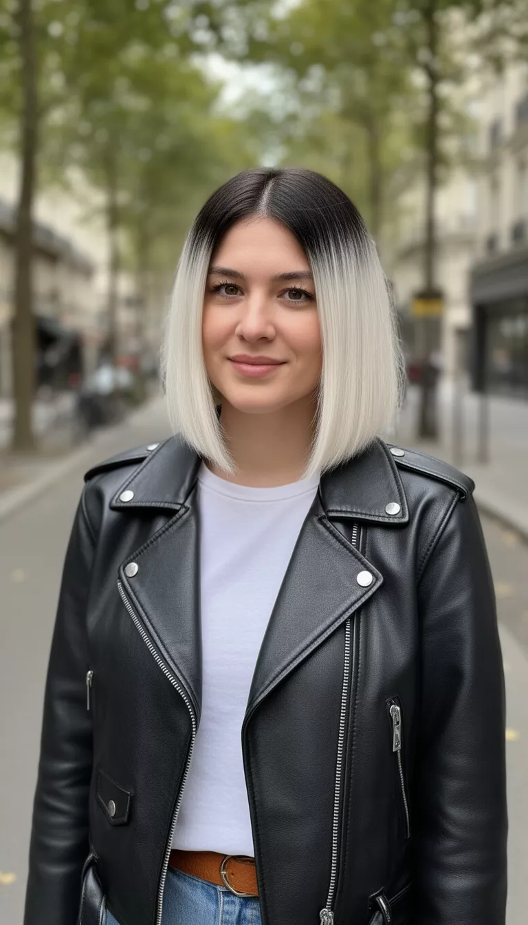 casual photo of a 30-year-old woman wearing a black leather jacket with a dark rooted platinum blonde straight lob, shot with an iPhone 15 Pro Max