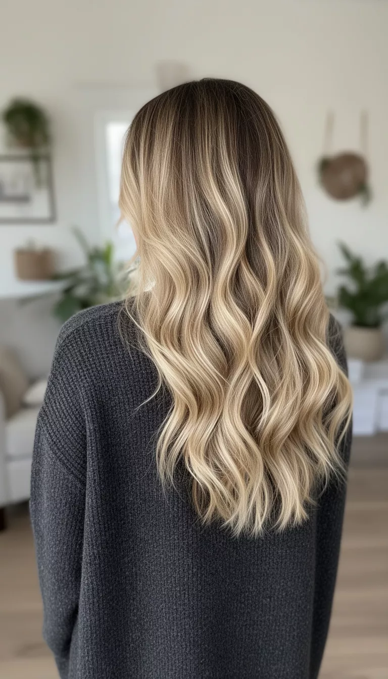 casual photo of a 29-year-old woman wearing a charcoal sweater with a blonde ombre long wavy hairstyle, back view, shot with an iPhone 15 Pro Max
