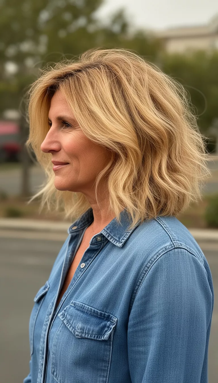 casual photo of a 43-year-old woman wearing a denim shirt with a lived-in golden blonde tousled hairstyle, side view, shot with an iPhone 15 Pro Max