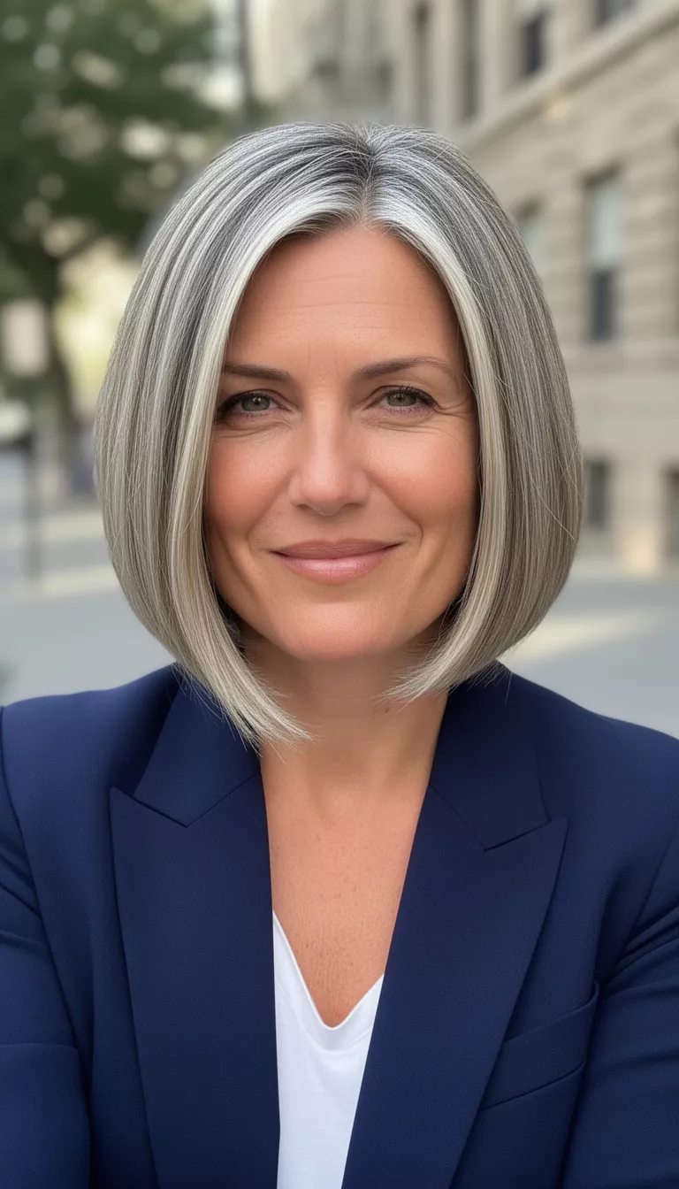 casual photo of a 40-year-old woman wearing a navy blazer with an ash blonde with platinum highlights sleek lob, shot with an iPhone 15 Pro Max