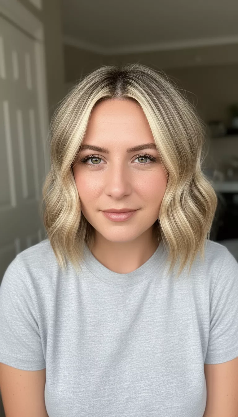 casual photo of a 28-year-old woman wearing a light grey tee with a baby blonde fine babylights hairstyle, shot with an iPhone 15 Pro Max
