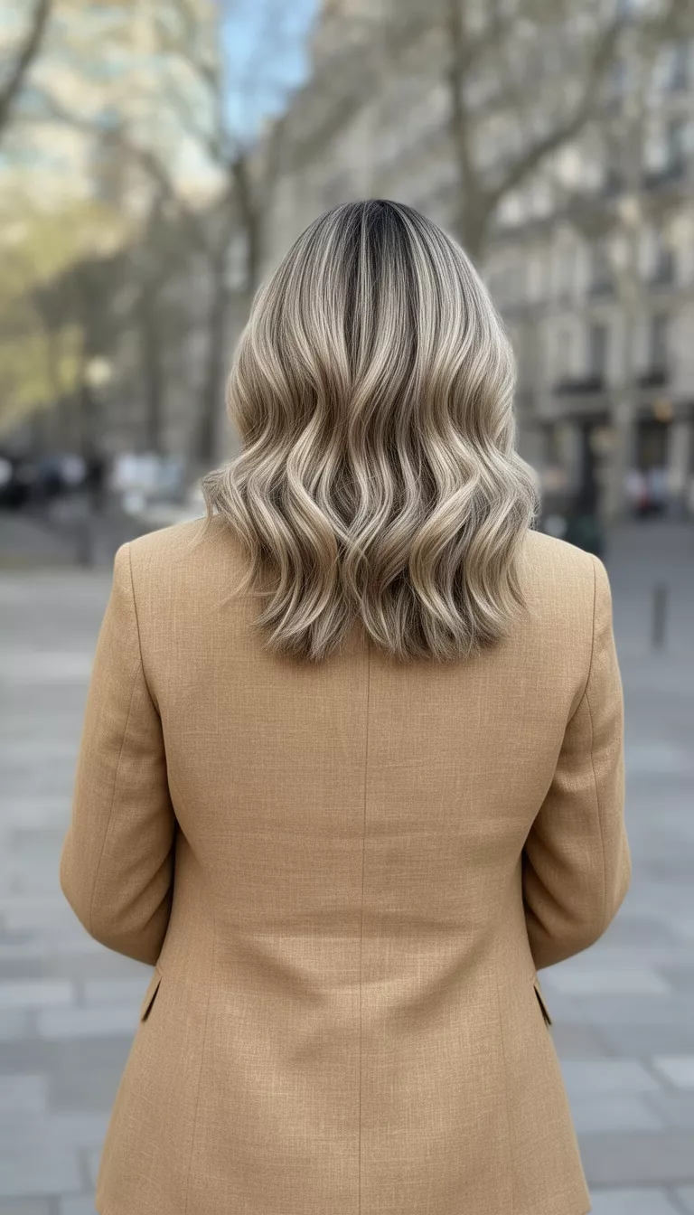 casual photo of a 35-year-old woman wearing a tan linen blazer with a beige blonde with balayage highlights natural dry hairstyle, back view, shot with an iPhone 15 Pro Max