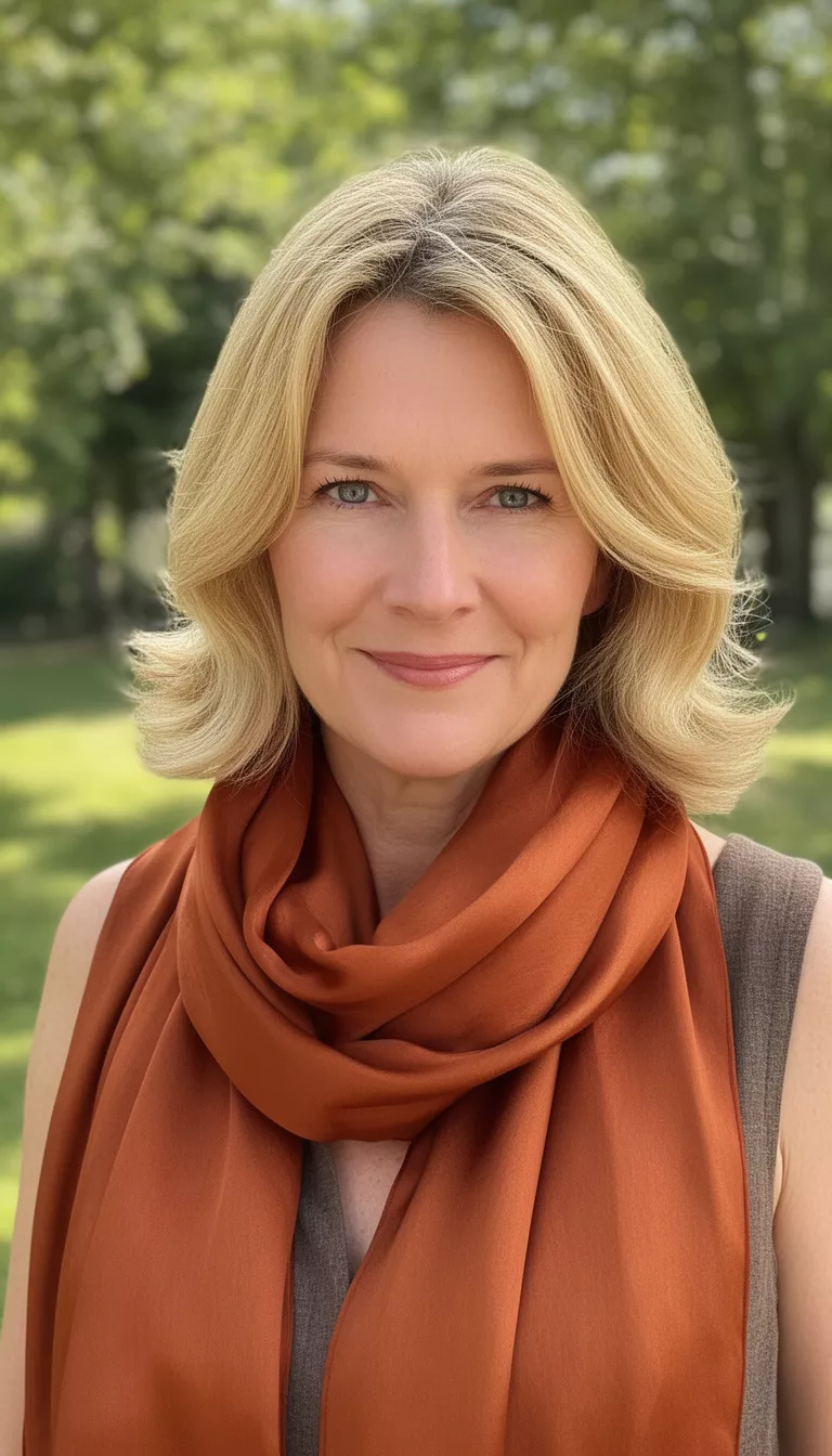 casual photo of a 42-year-old woman wearing a deep orange silk scarf with a golden honey blonde face framing hairstyle, shot with an iPhone 15 Pro Max