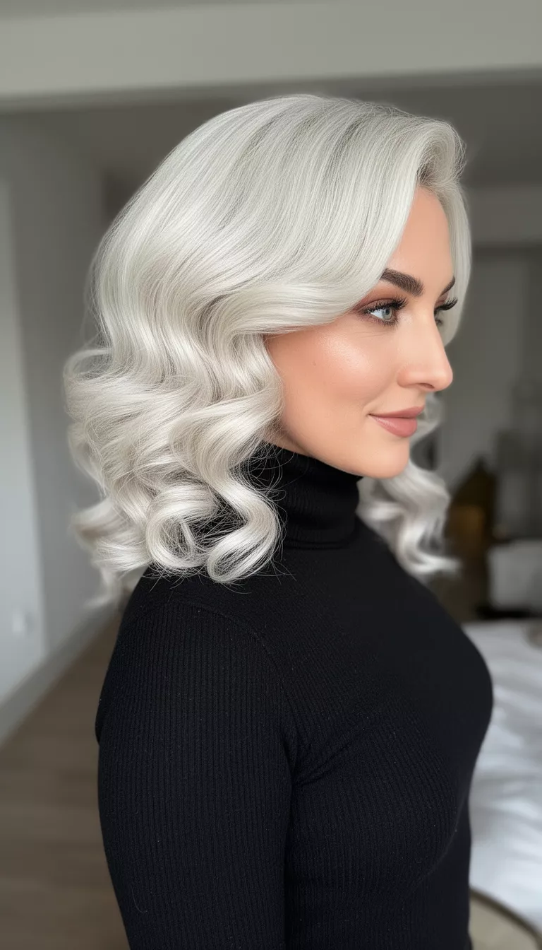 casual photo of a 30-year-old woman wearing a black turtleneck with a platinum blonde glamorous waves hairstyle, side view, shot with an iPhone 15 Pro Max