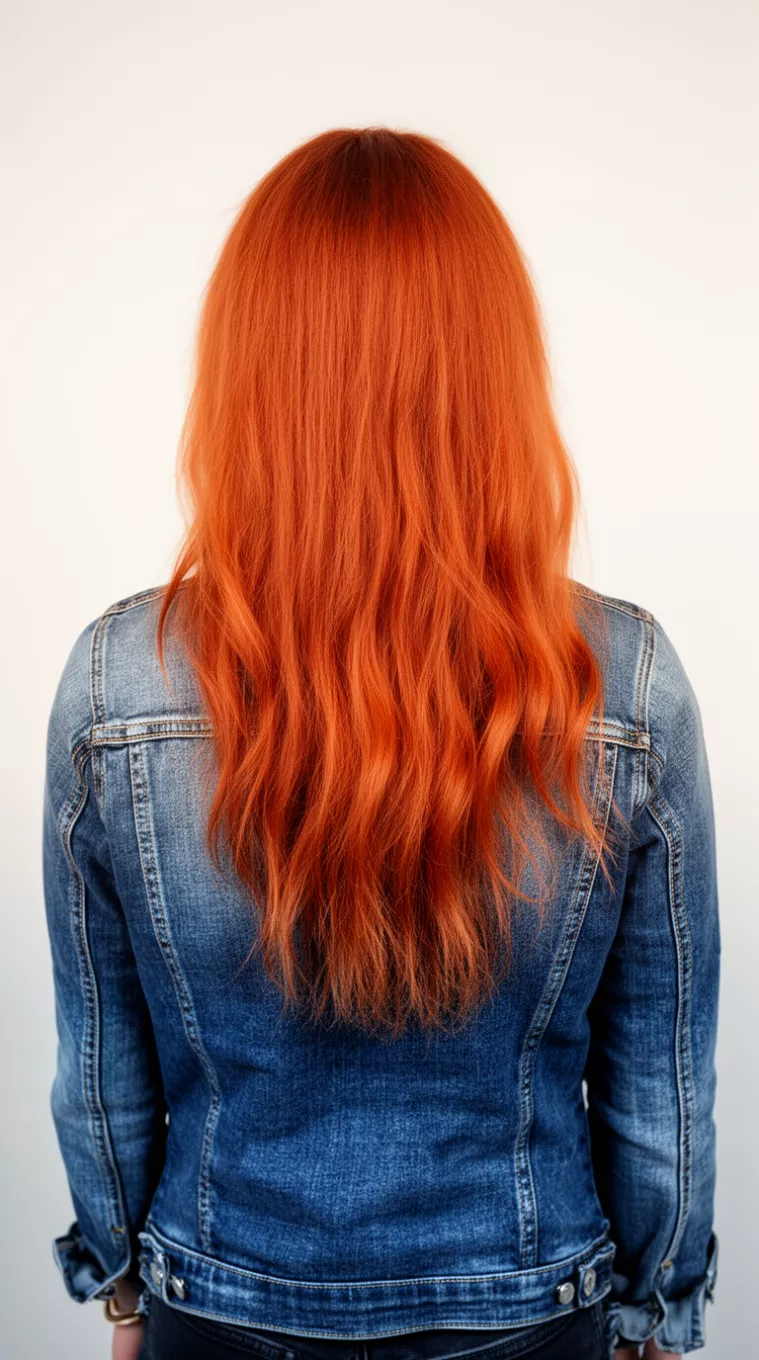 photo of a 38-year-old woman wearing a denim jacket with a Burnt Copper colored long hairstyle, minimal background, back view