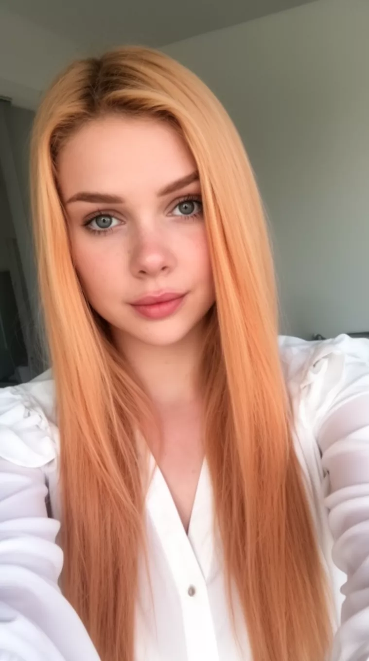 selfie of a 25-year-old woman wearing a white blouse with an Apricot Blonde colored long hairstyle, minimal background