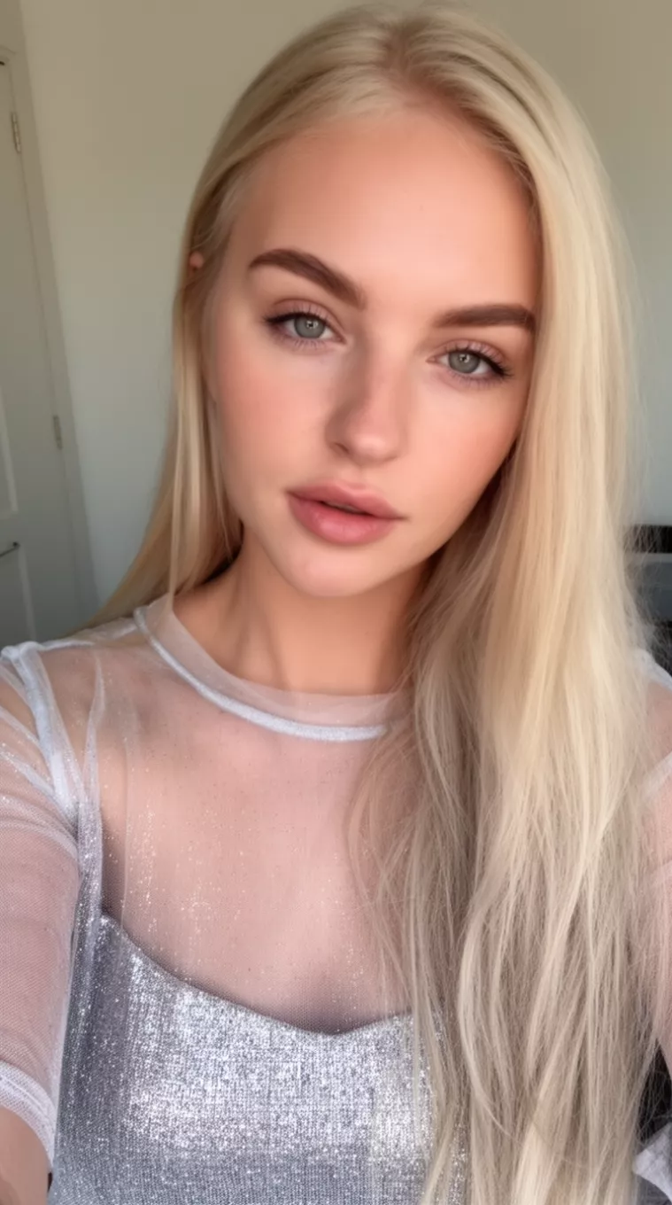 selfie of a 26-year-old woman wearing a sheer silver top with an Ethereal Blonde colored long hairstyle, minimal background
