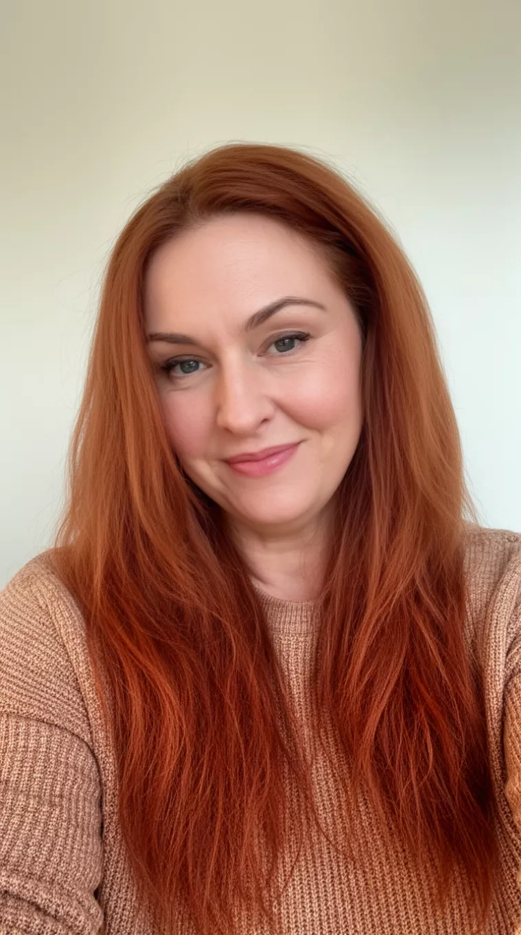 selfie of a 39-year-old woman wearing a light brown knit top with a Cinnamon Spice colored long hairstyle, minimal background