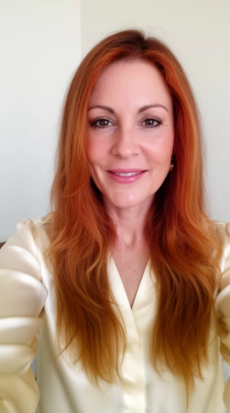 selfie of a 41-year-old woman wearing a cream silk blouse with an Amber Glow colored long hairstyle, minimal background