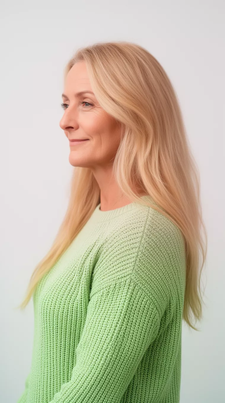 photo of a 42-year-old woman wearing a light green knit top with a Honey Blonde colored long hairstyle, minimal background, side view