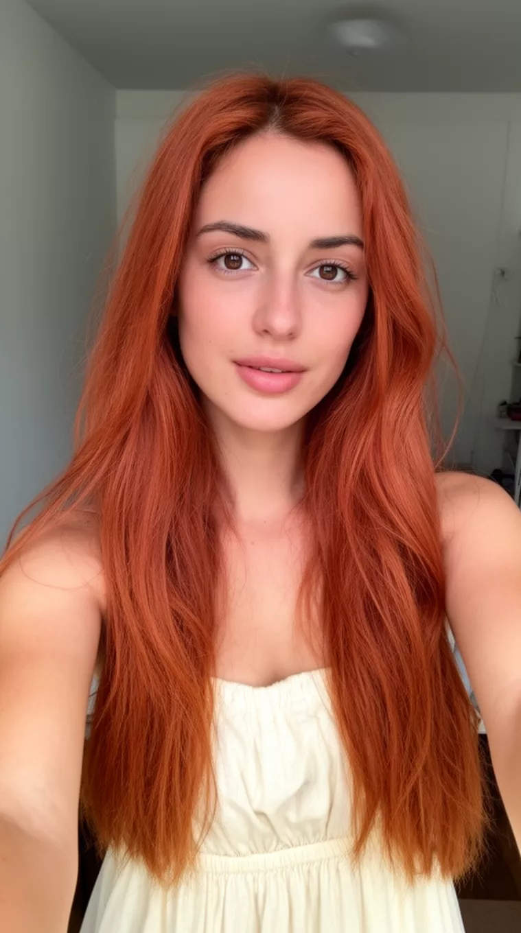 selfie of a 29-year-old woman wearing a cream-colored sundress with a Marigold Copper colored long hairstyle, minimal background