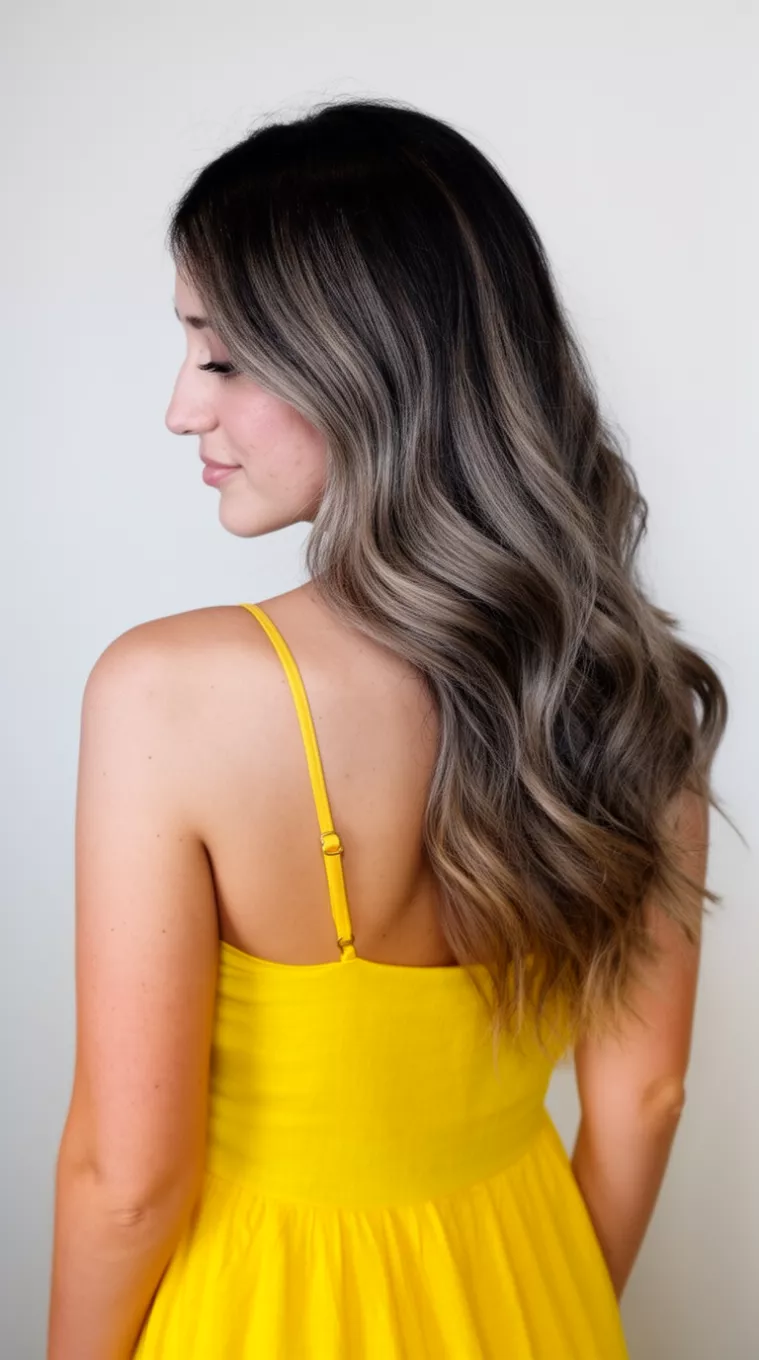 photo of a 29-year-old woman wearing a yellow sundress with a Buttercup Balayage colored long hairstyle, minimal background, side view