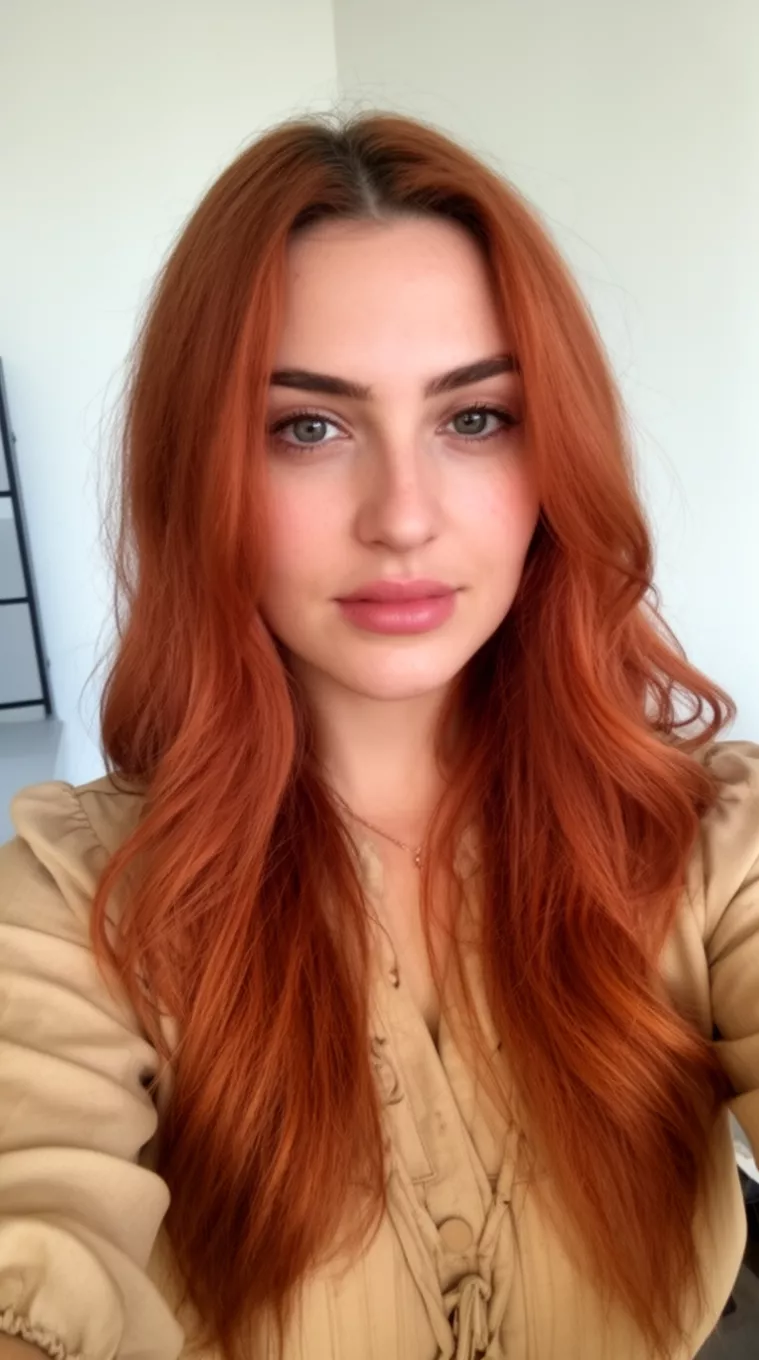 selfie of a 32-year-old woman wearing a beige blouse with a Cowboy Copper colored long hairstyle, minimal background