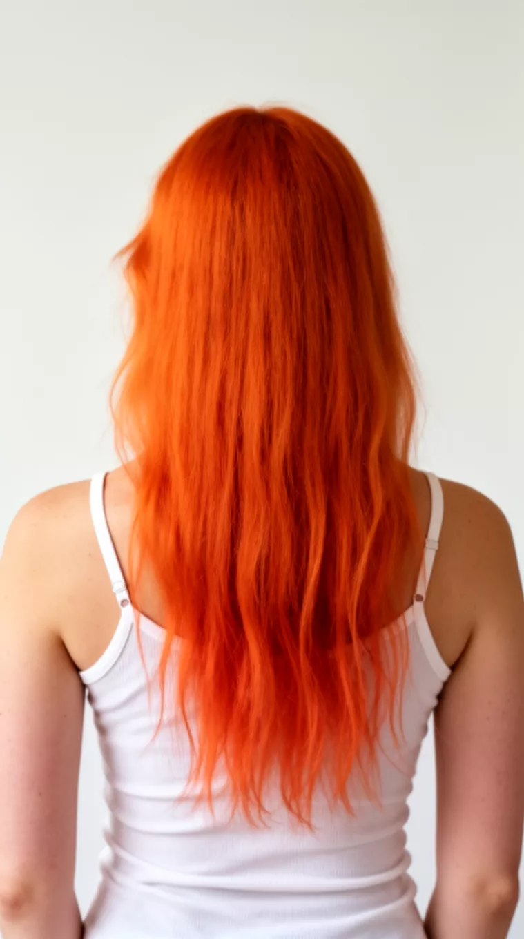 photo of a 24-year-old woman wearing a white tank top with a Tangerine Dream colored long hairstyle, minimal background, back view