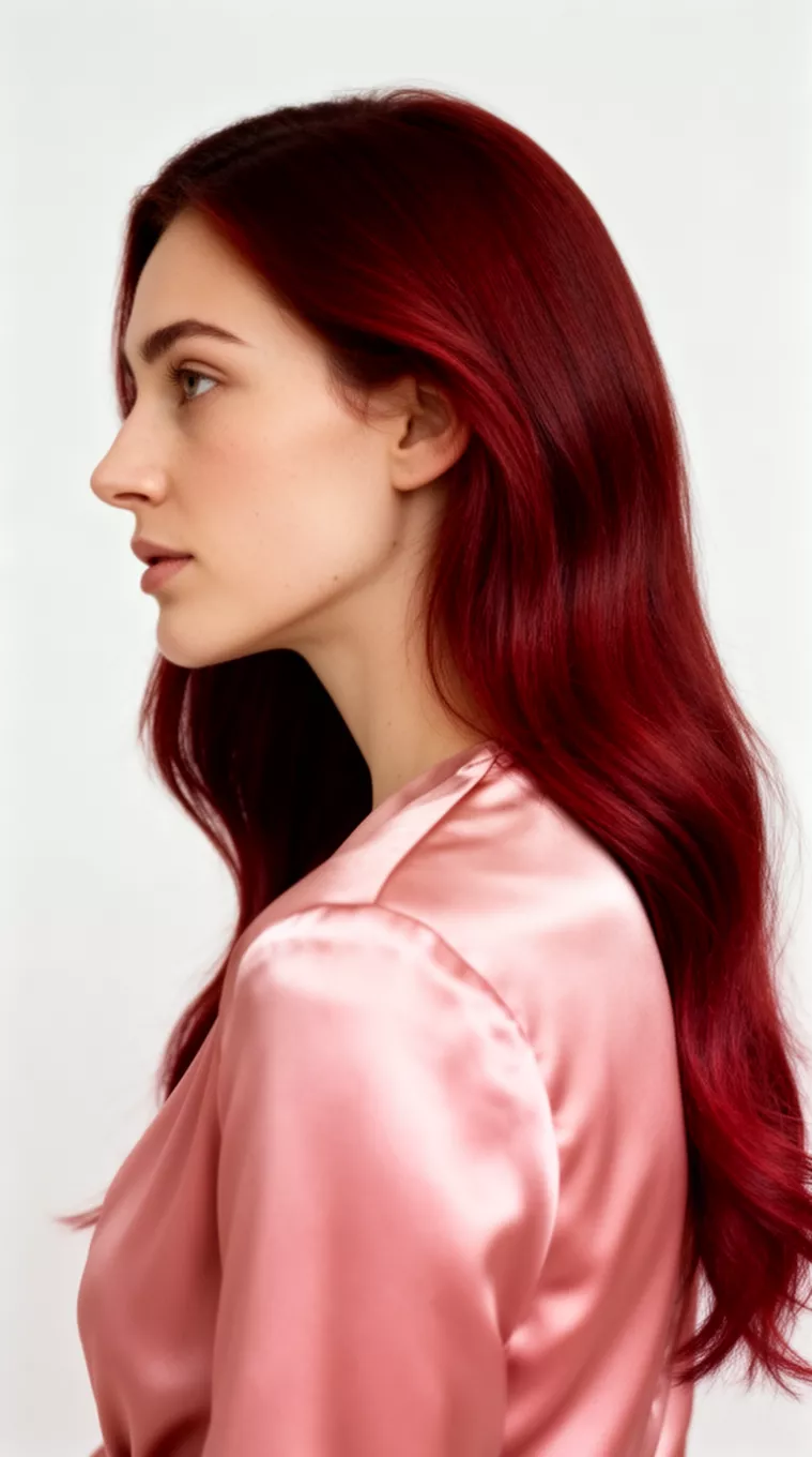 photo of a 27-year-old woman wearing a blush pink satin top with a Rosé Wine Red colored long hairstyle, minimal background, side view