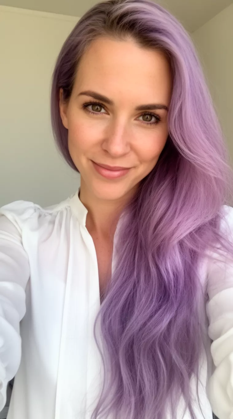 selfie of a 33-year-old woman wearing a white blouse with a Lavender Mist colored long hairstyle, minimal background