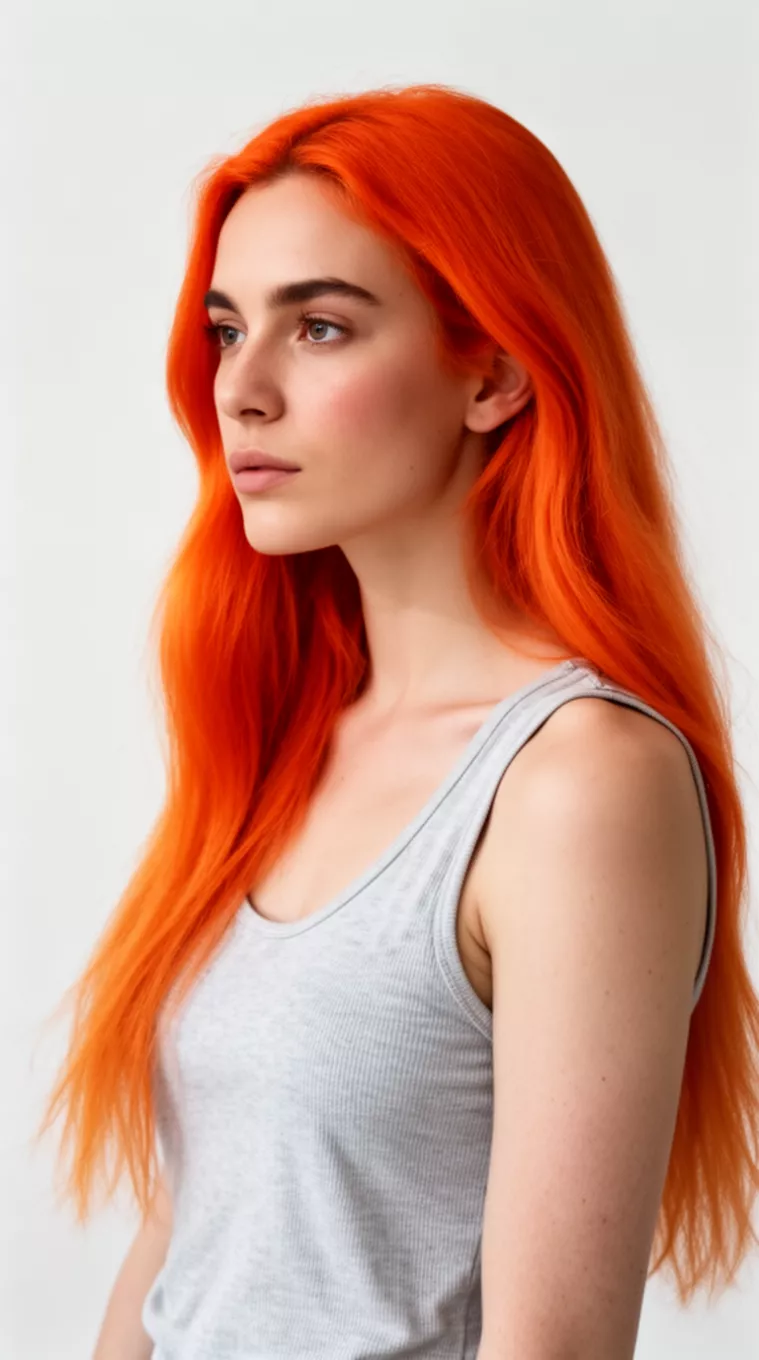 photo of a 26-year-old woman wearing a light gray tank top with a Carnelian Orange colored long hairstyle, minimal background, side view