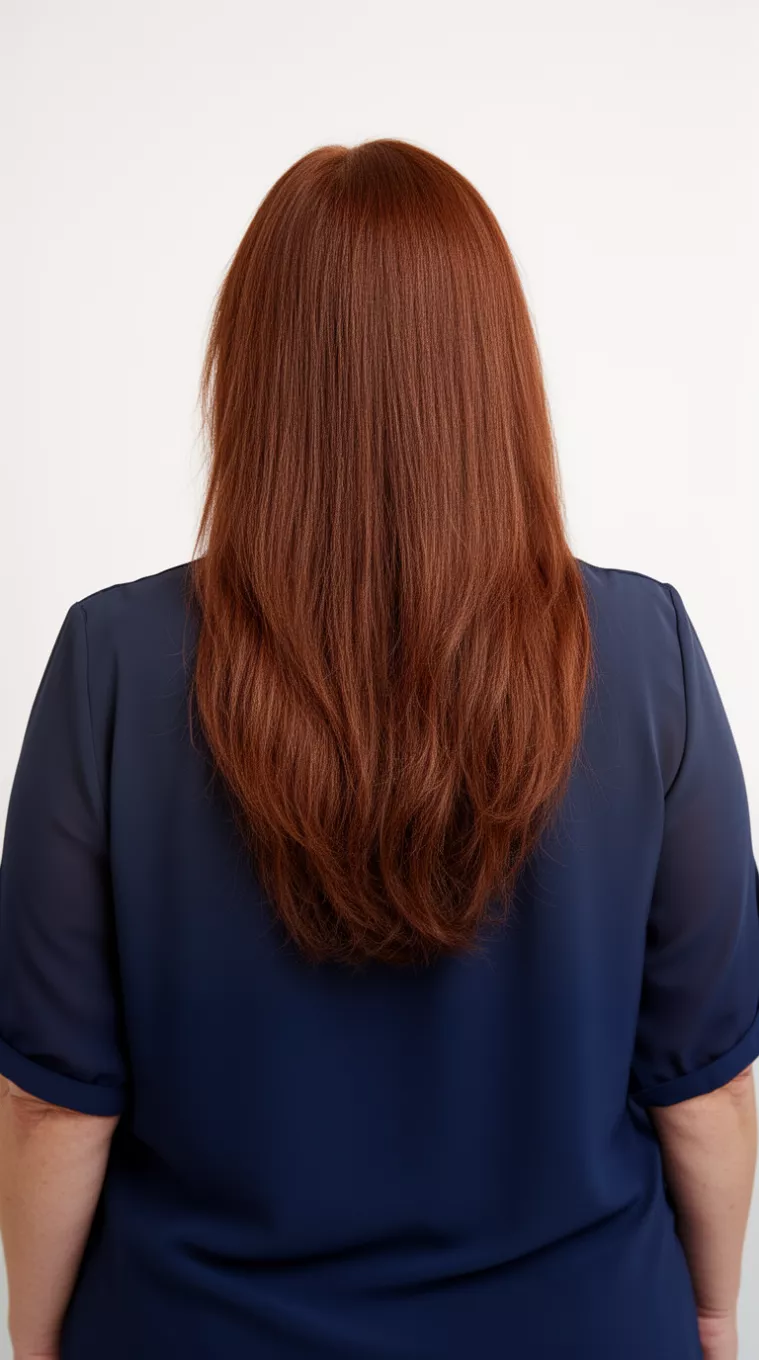 photo of a 45-year-old woman wearing a navy blue blouse with a Cherry Mocha colored long hairstyle, minimal background, back view
