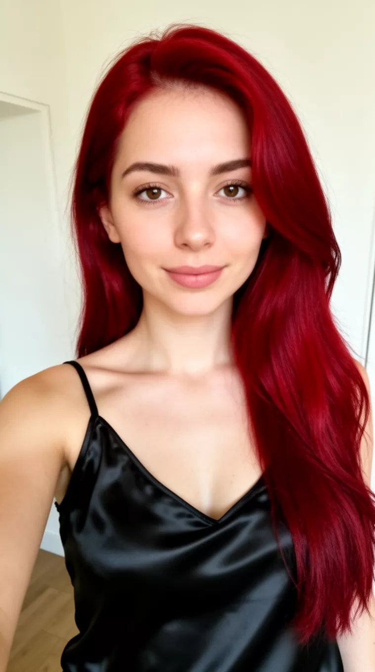 selfie of a 28-year-old woman wearing a black silk camisole with a Red Velvet colored long hairstyle, minimal background