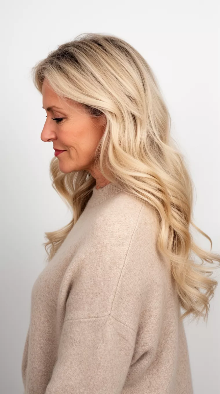 photo of a 40-year-old woman wearing a beige sweater with a Champagne Pop colored long hairstyle, minimal background, side view