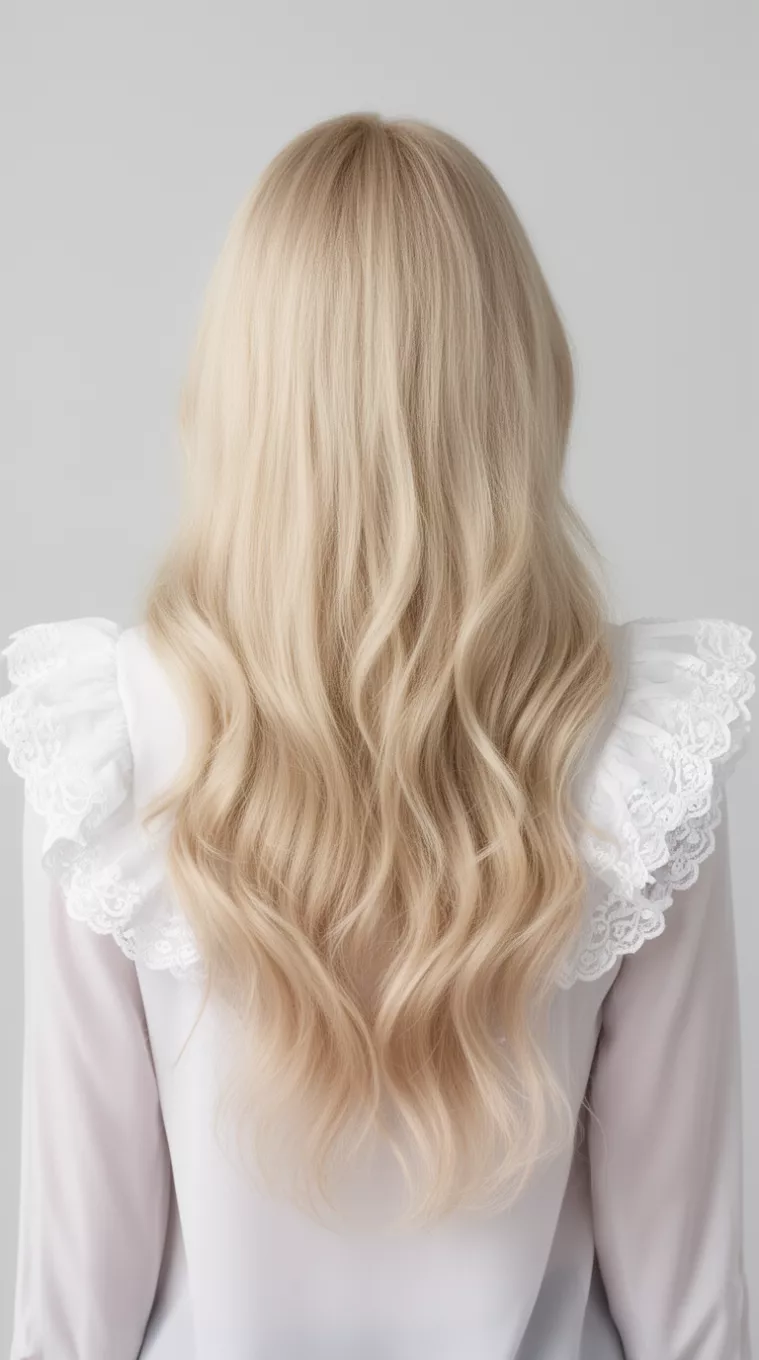 photo of a 35-year-old woman wearing a white ruffled blouse with a Chantilly Cream Blonde colored long hairstyle, minimal background, back view