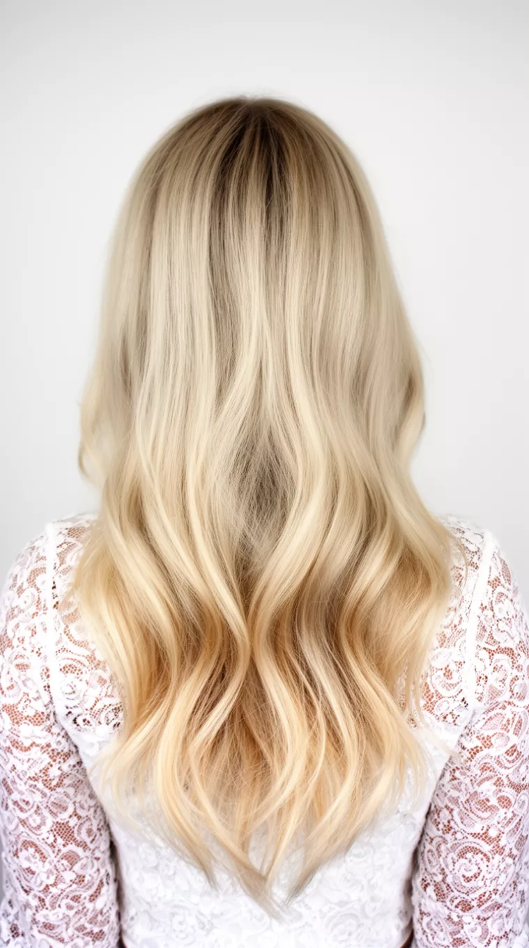 photo of a 34-year-old woman wearing a white lace top with a Buttercream Blonde colored long hairstyle, minimal background, back view