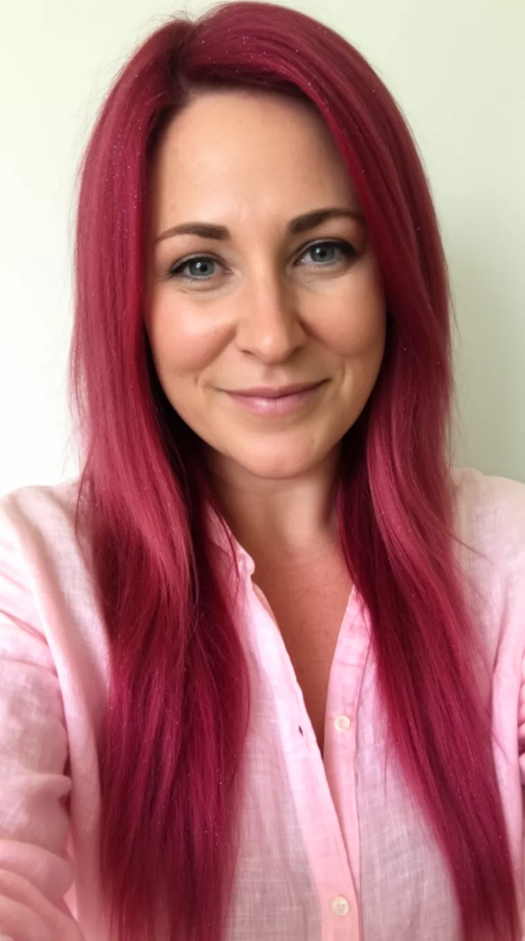 selfie of a 37-year-old woman wearing a light pink linen shirt with a Strawberry Sparkle colored long hairstyle, minimal background