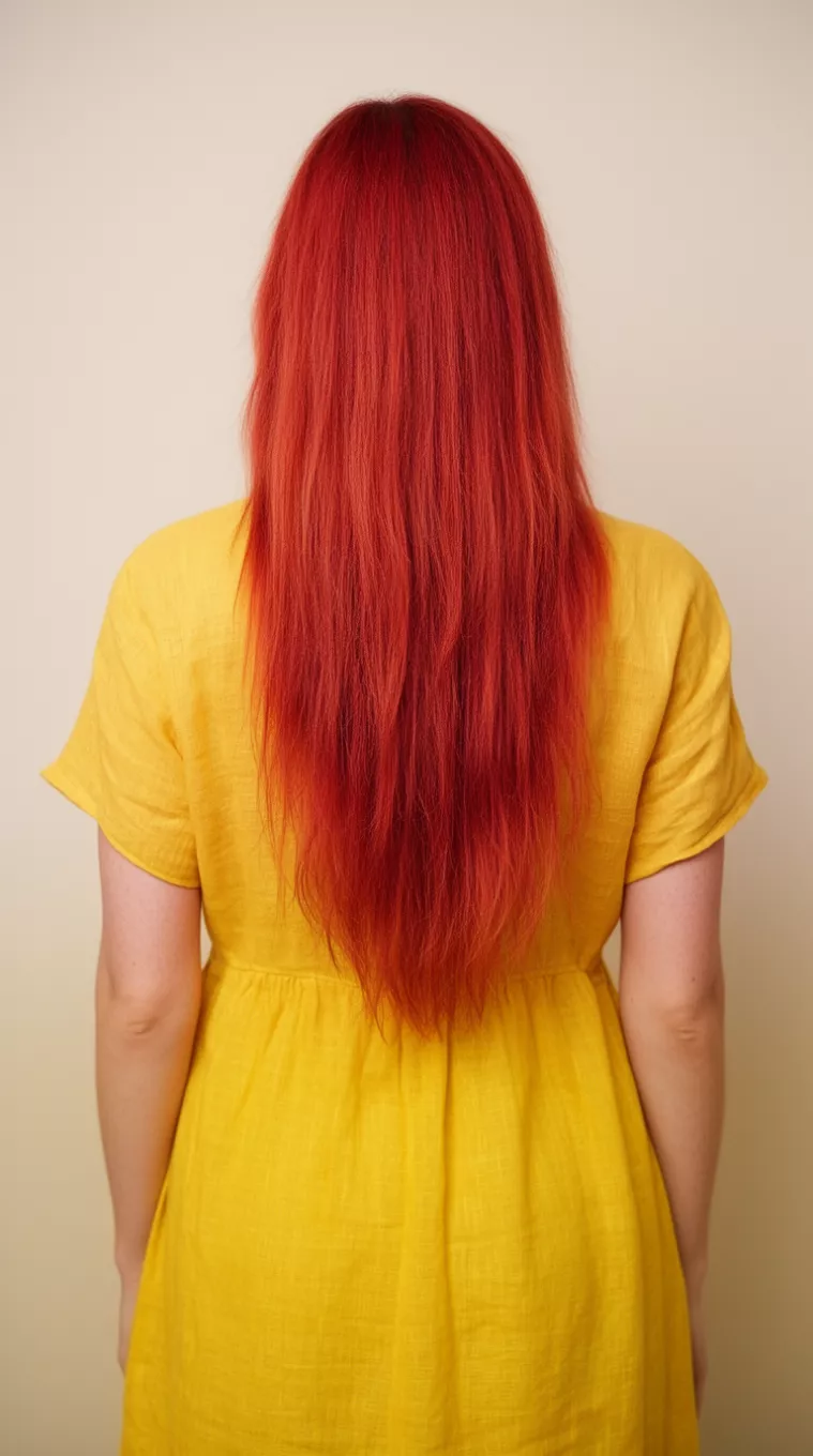 photo of a 36-year-old woman wearing a yellow linen dress with a Saffron Sunrise colored long hairstyle, minimal background, back view