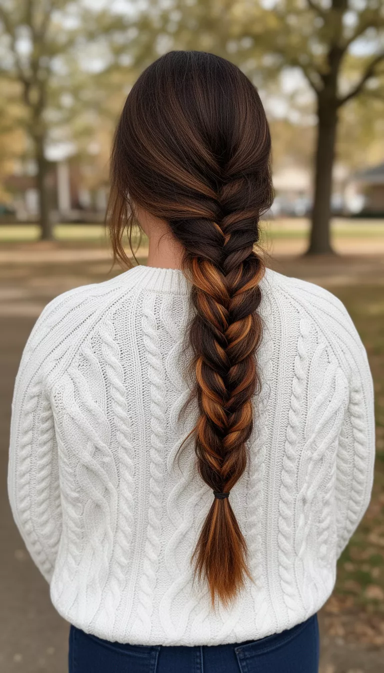 casual photo of a 37-year-old woman wearing a white cable knit sweater with a deep brown and caramel highlighted fishtail braid, back view, shot with an iPhone 15 Pro Max