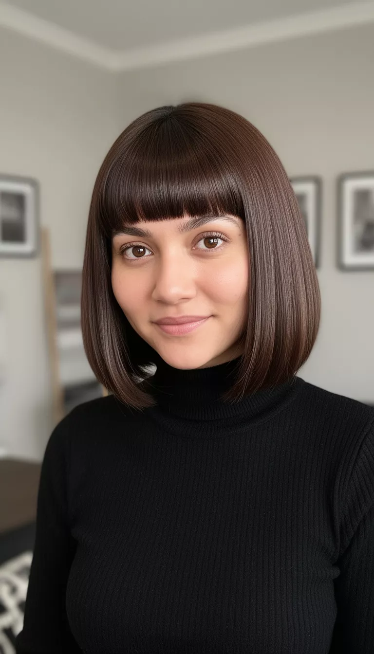 casual photo of a 30-year-old woman wearing a black turtleneck with a glossy espresso brown blunt bob, shot with an iPhone 15 Pro Max