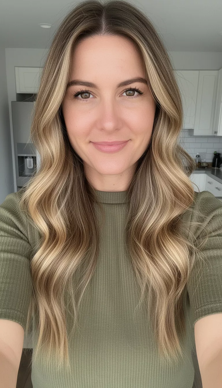 selfie of a 36-year-old woman wearing a casual top with a khaki bronde long hairstyle