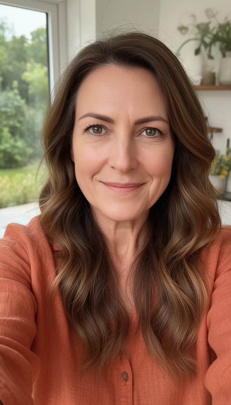 selfie of a 40-year-old woman wearing a terracotta linen top with an earthy brunette long hairstyle, shot with an iPhone 15 Pro Max