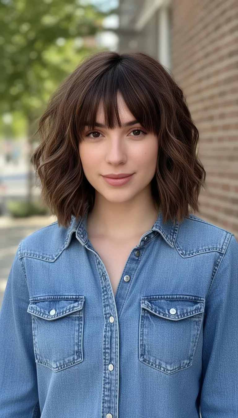 casual photo of a 29-year-old woman wearing a denim shirt with a multidimensional brunette wolf cut, shot with an iPhone 15 Pro Max