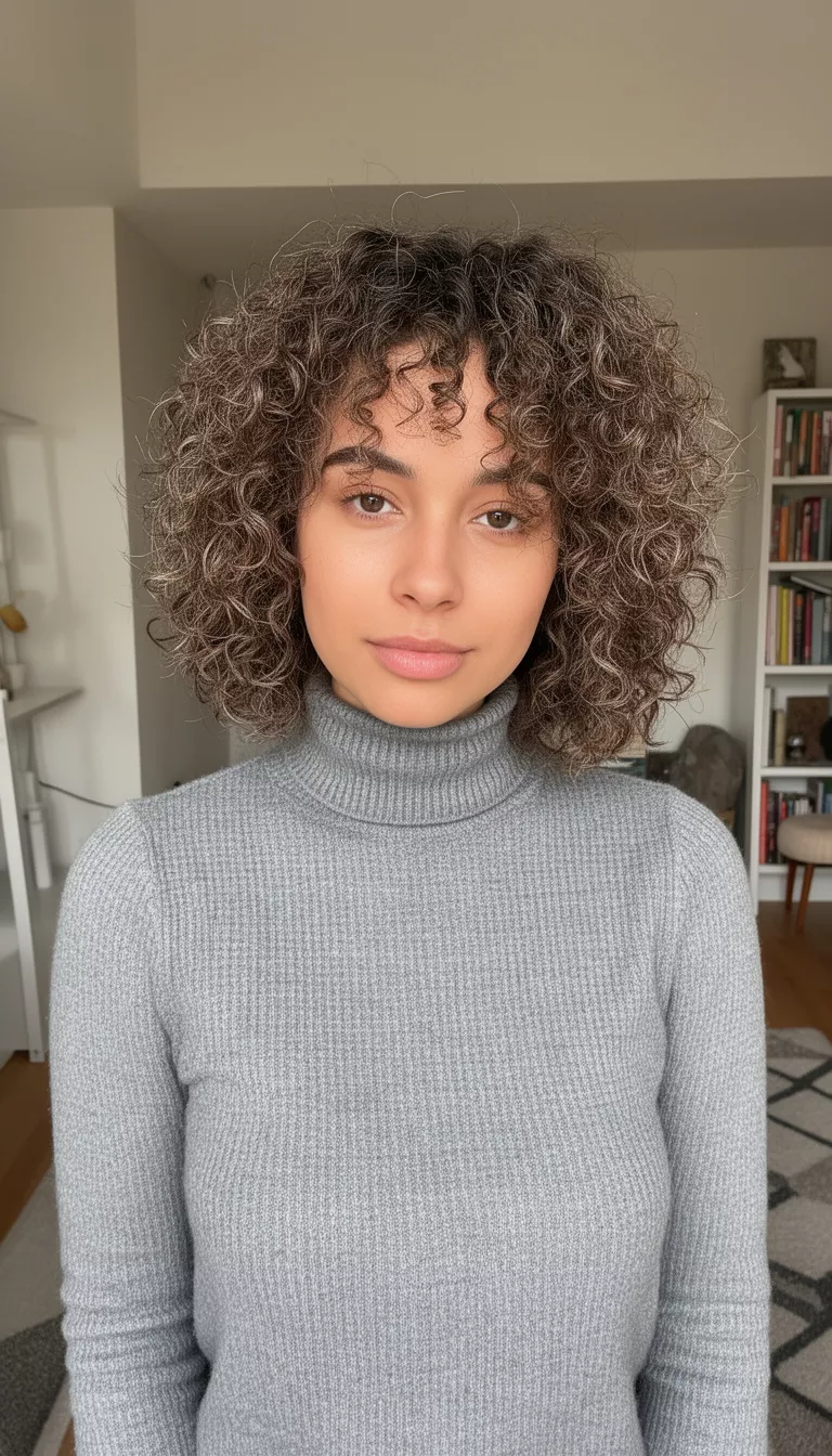 casual photo of a 26-year-old woman wearing a grey turtleneck with an ashy brown textured lob, shot with an iPhone 15 Pro Max