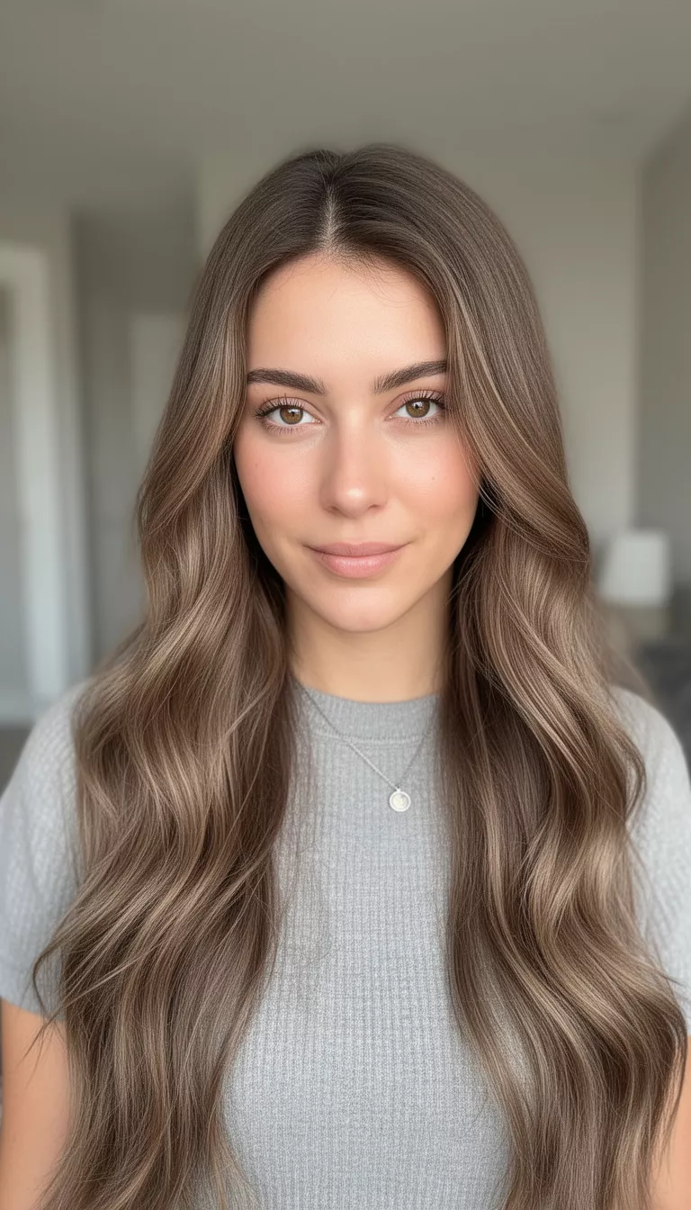 close-up casual photo of a 25-year-old woman wearing a casual top with an icy mocha brown long hairstyle, shot with an iPhone 15 Pro Max