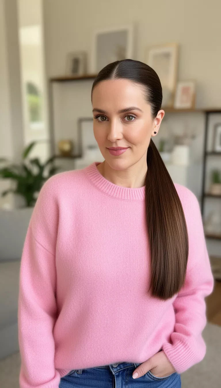 casual photo of a 31-year-old woman wearing a soft pink cashmere sweater with a cashmere brunette sleek ponytail, shot with an iPhone 15 Pro Max