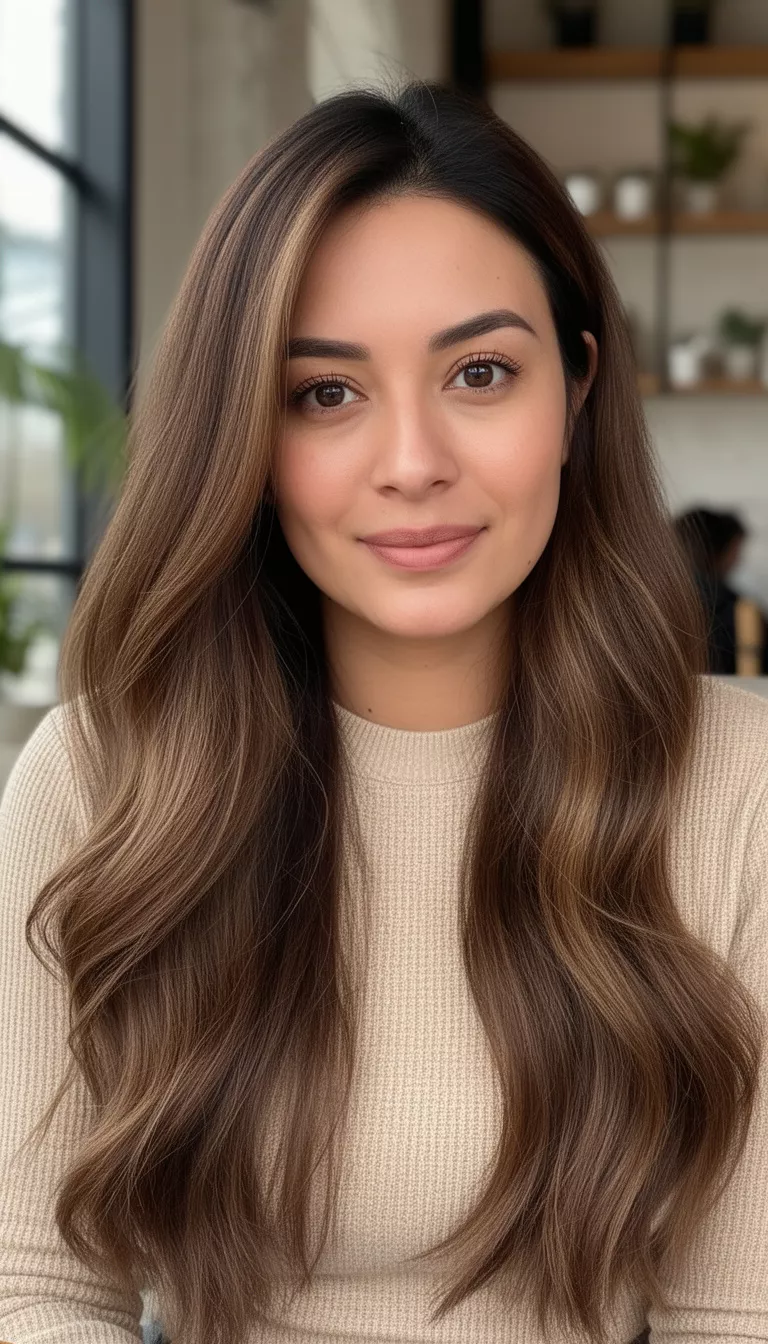 close-up casual photo of a 33-year-old woman wearing a casual top with a coffee mocha brown long hairstyle, shot with an iPhone 15 Pro Max