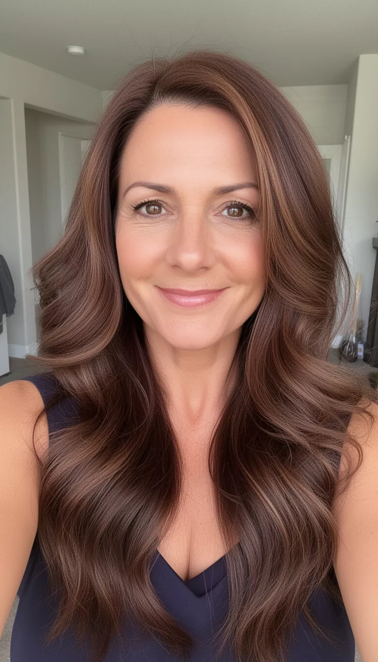 selfie of a 44-year-old woman with a plum perfection brown colored long hairstyle