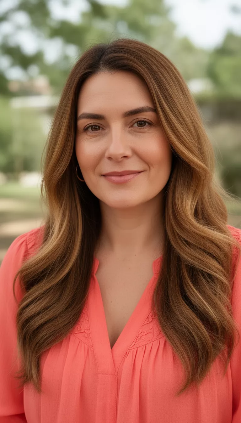 close-up casual photo of a 30-year-old woman wearing a coral blouse with a warm caramel brunette long hairstyle, shot with an iPhone 15 Pro Max