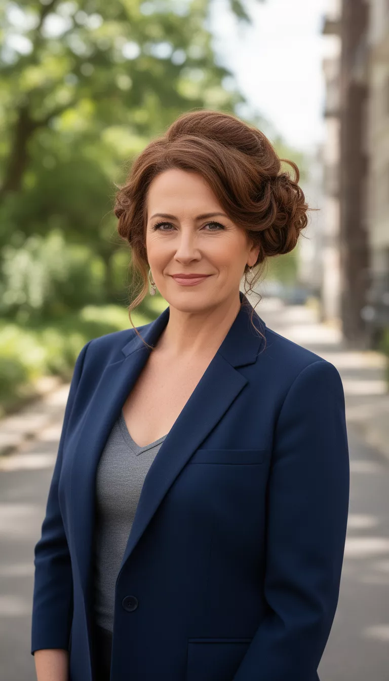casual photo of a 42-year-old woman wearing a navy blue blazer with a lush truffle brown romantic updo, shot with an iPhone 15 Pro Max