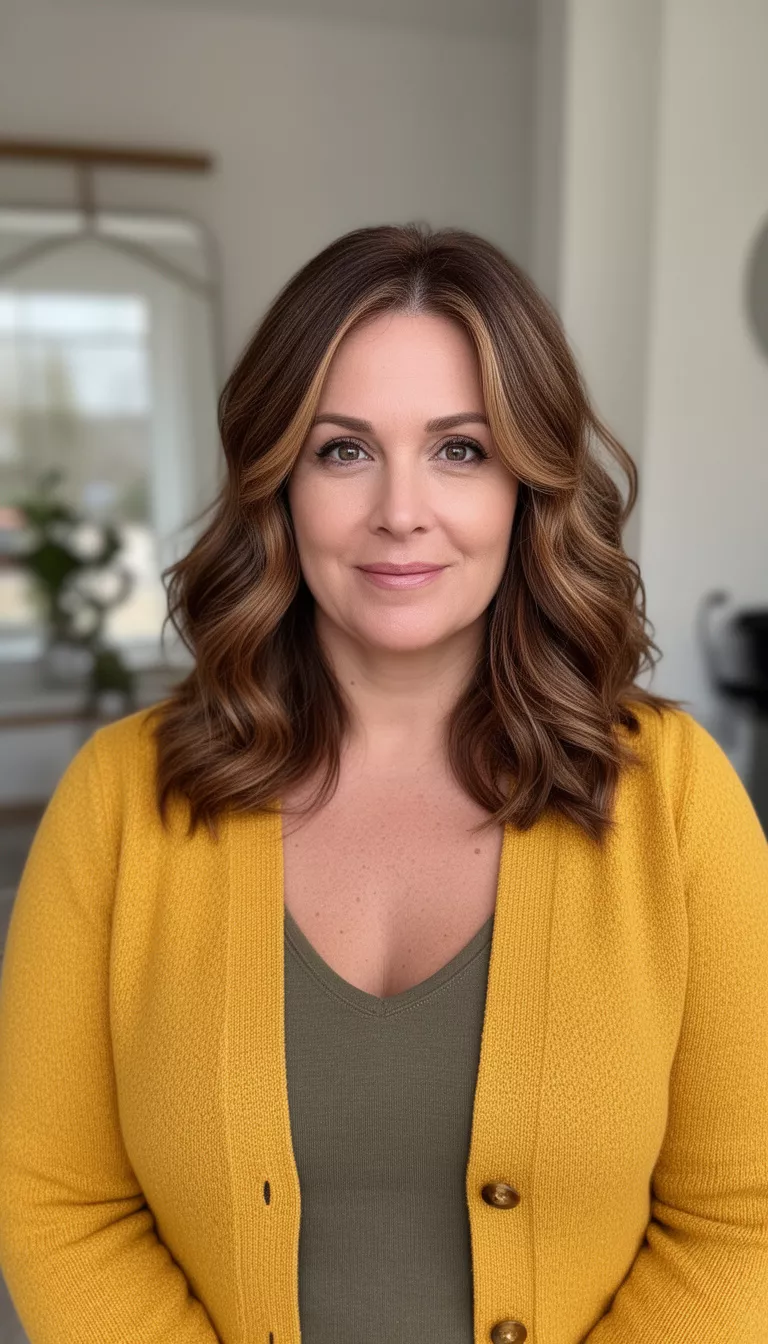 casual photo of a 38-year-old woman wearing a mustard yellow cardigan with a caramel infused brown layered hairstyle, shot with an iPhone 15 Pro Max