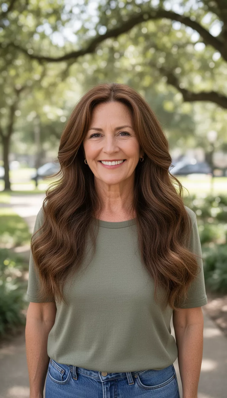 casual photo of a 45-year-old woman wearing a casual top with a vintage brown colored long hairstyle