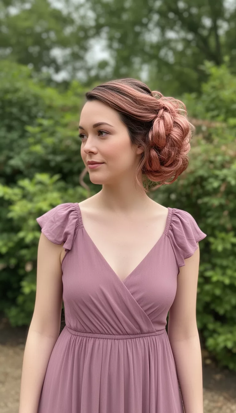 casual photo of a 33-year-old woman wearing a mauve dress with a rose gold brunette chignon updo, shot with an iPhone 15 Pro Max