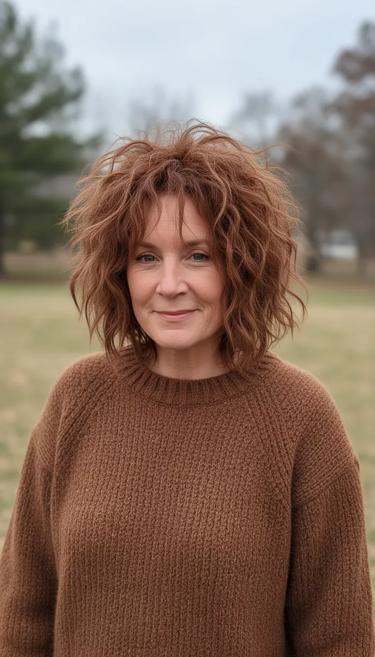 casual photo of a 41-year-old woman wearing a rustic brown wool sweater with a teak brown messy textured hairstyle, shot with an iPhone 15 Pro Max