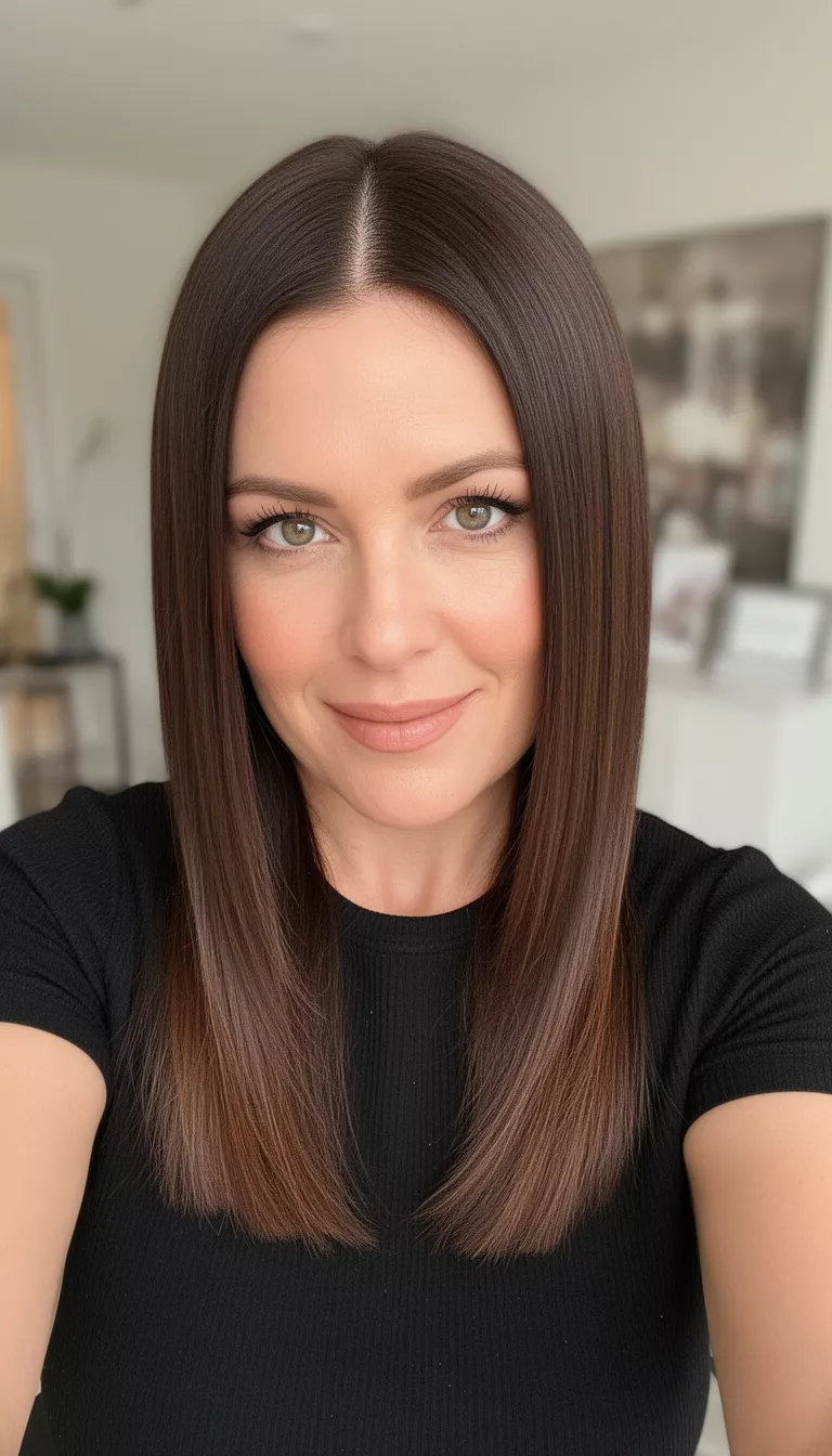 selfie of a 39-year-old woman wearing a black top with a molten brunette sleek middle part hairstyle