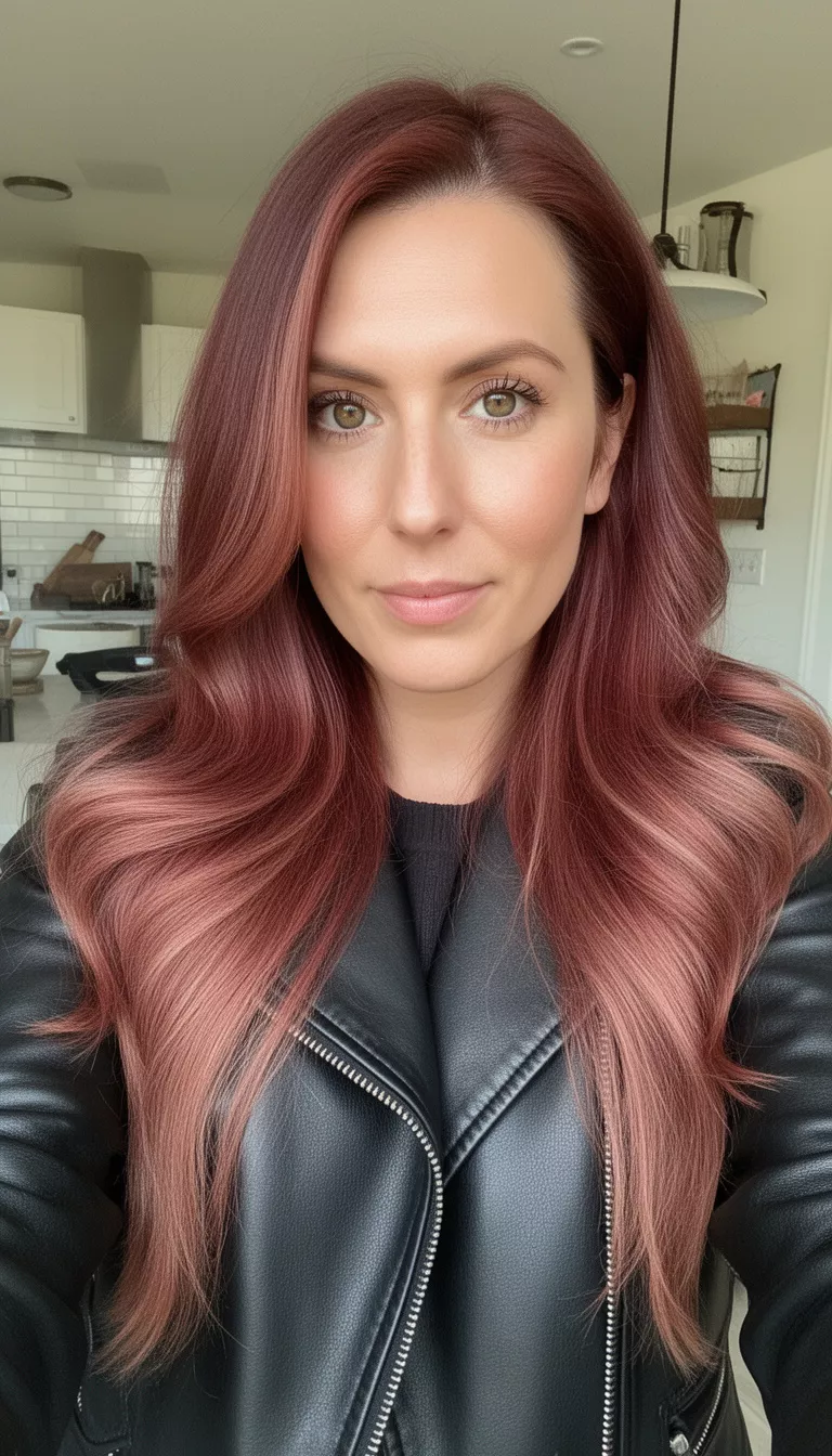 selfie of a 30-year-old woman wearing a black leather jacket with a cherry mocha colored long hairstyle